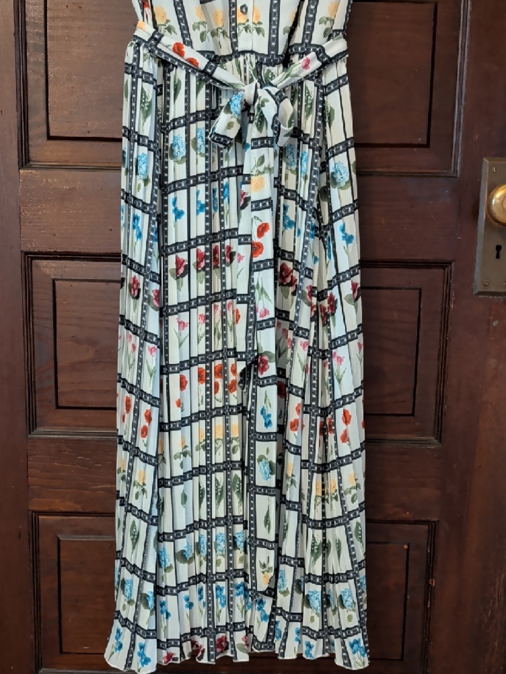 Floral Grid Print White Midii Dress with Tie Waist Flutter Sleeves L Tahari - Picture 5 of 14